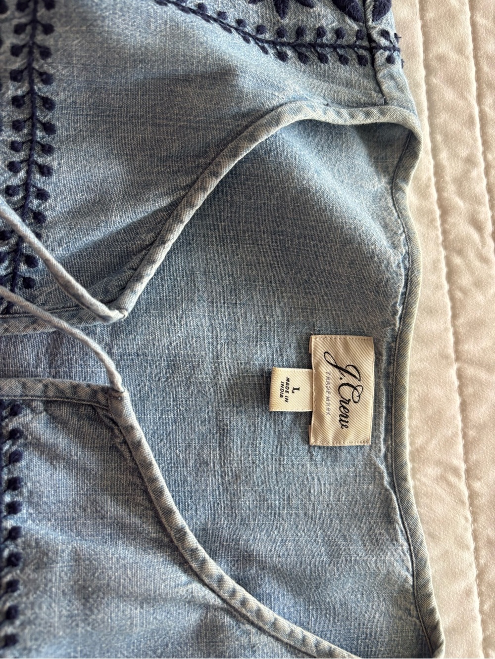J. Crew Light Chambray Top with Navy Embroidery
